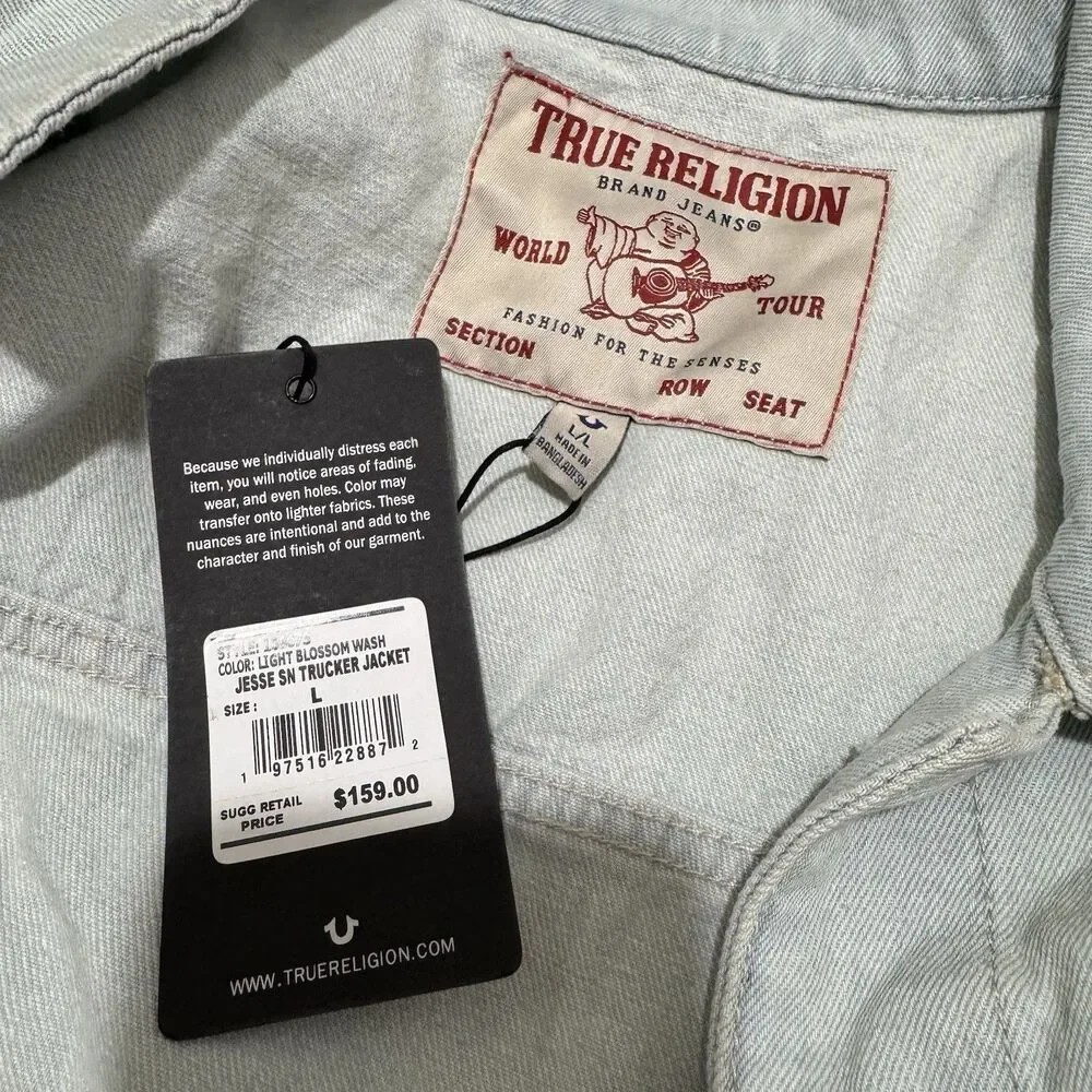 NWT True Religion Jesse Trucker Denim Jacket Light Blossom Wash Men’s large